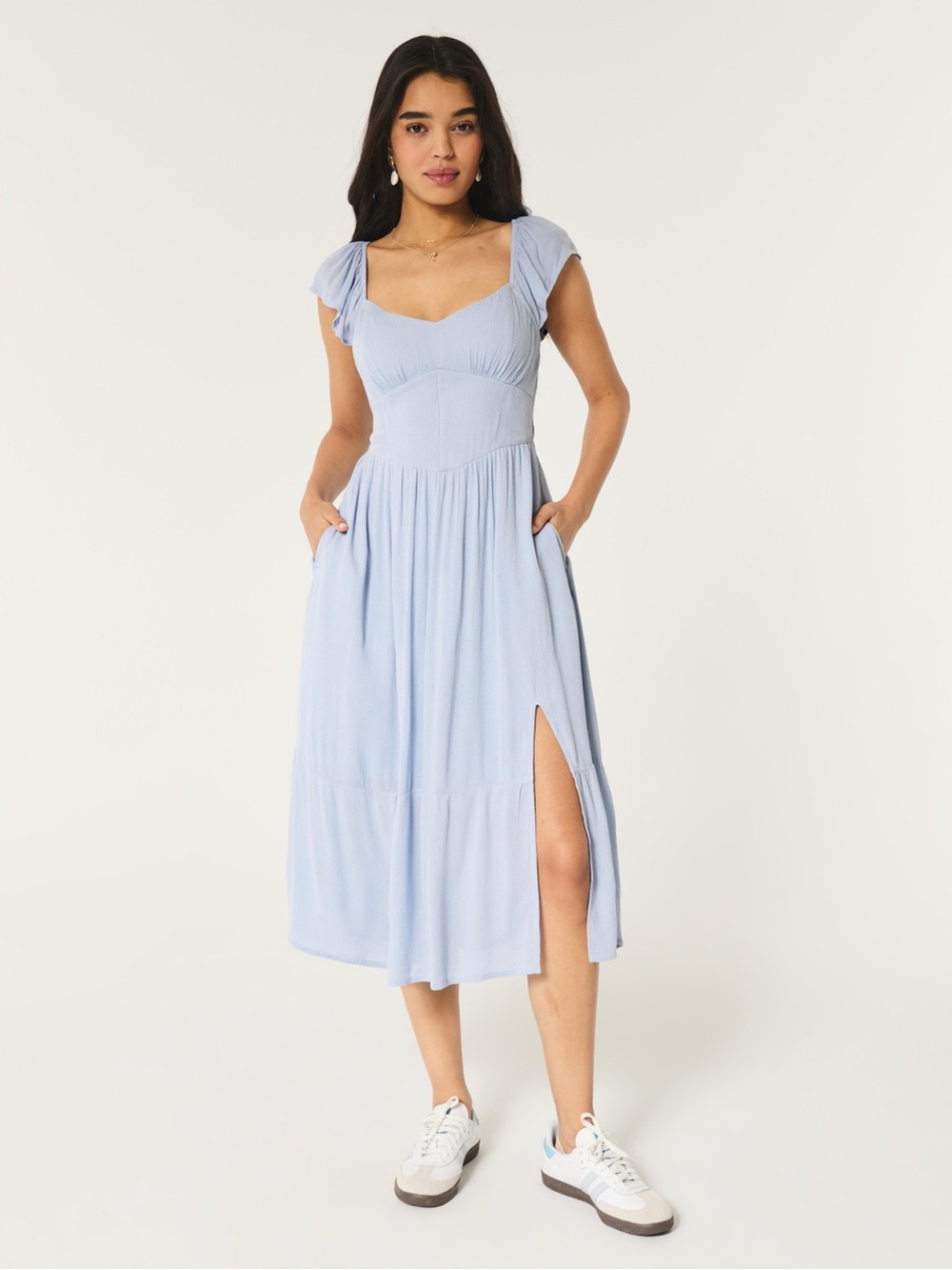 Light Blue Sweetheart Midi Corset Dress with Cap Sleeves and Lace Up Open Back